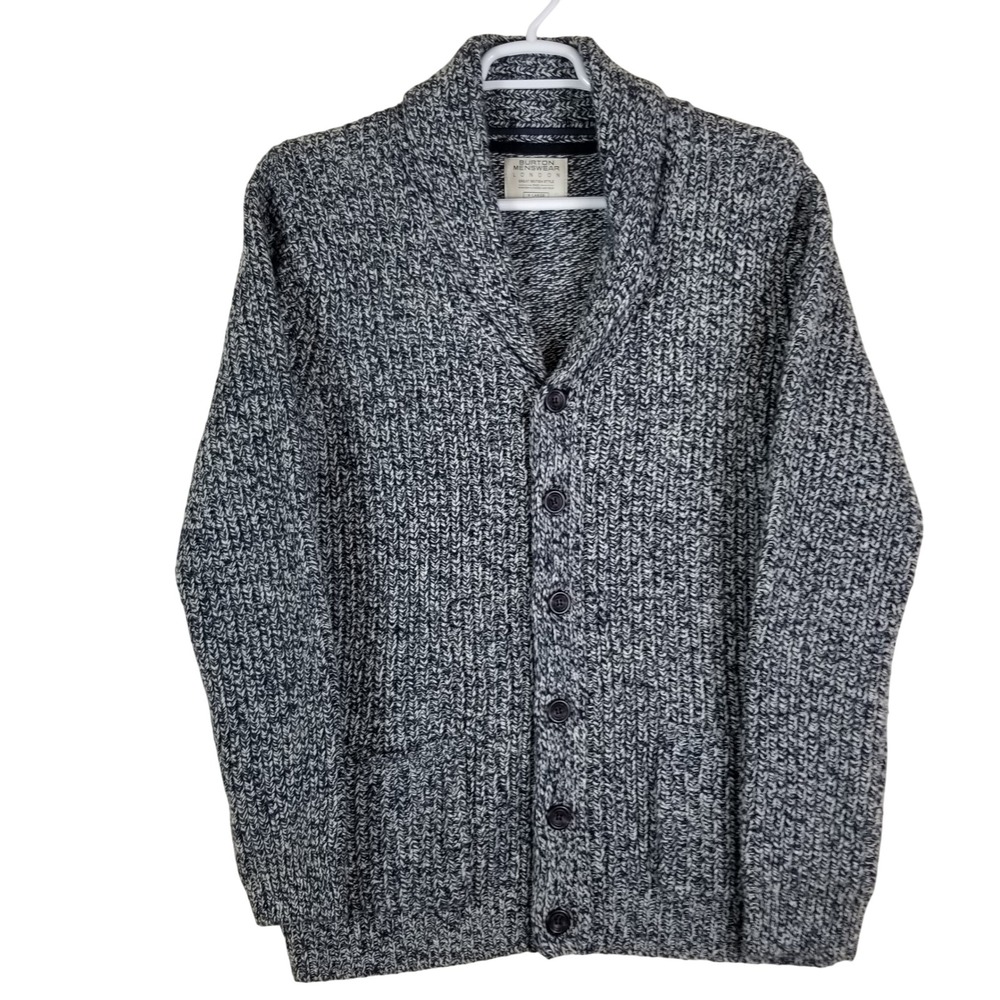 Burton  London Cardigan Sweater Men XL Shawl Collar Marled Navy Wool Blend‎
